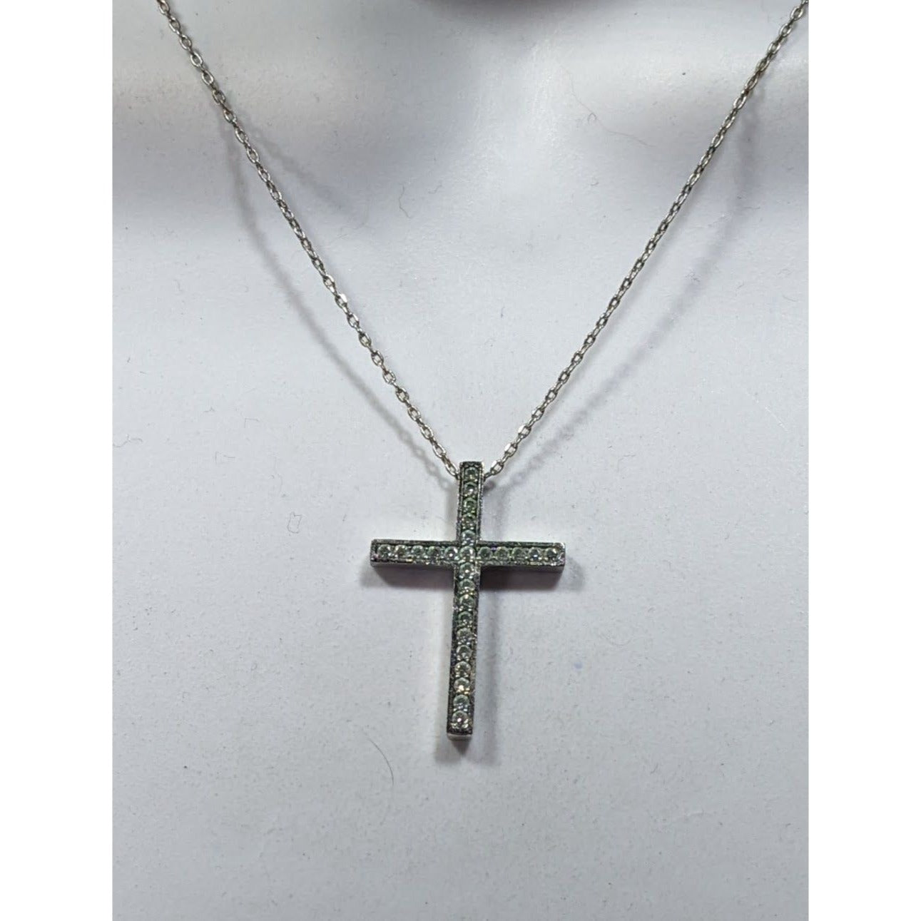 Elegant Gemmed Religious Silver Tone Cross Pendant Necklace
