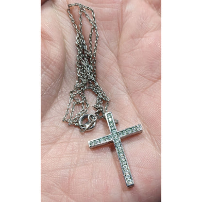 Elegant Gemmed Religious Silver Tone Cross Pendant Necklace