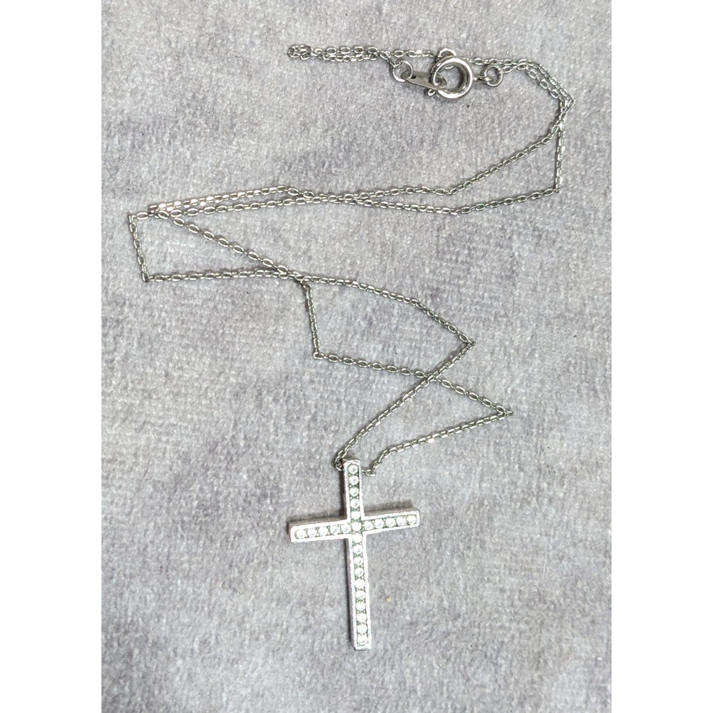 Elegant Gemmed Religious Silver Tone Cross Pendant Necklace