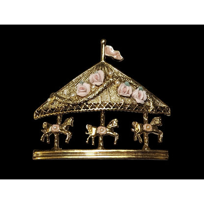 Vintage Gold Tone Pink Floral Carousel Brooch