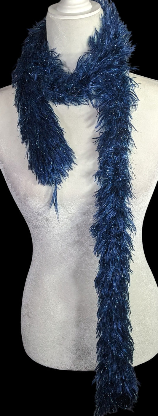 Handmade Blue And Metallic Eyelash Yarn Scarf By Kristina Amodeo