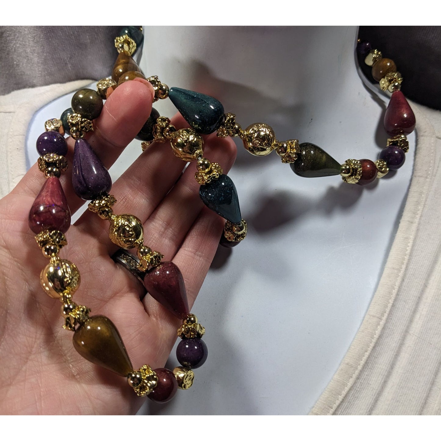 Vintage Metallic Jewel Tone Regal Beaded Necklace