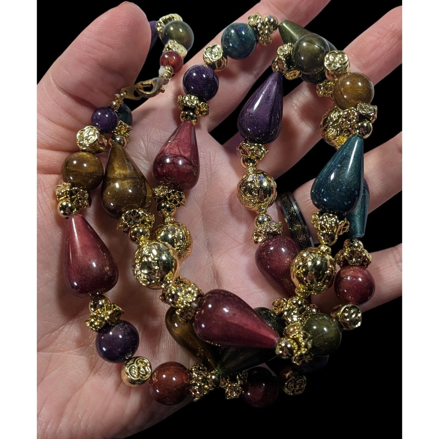 Vintage Metallic Jewel Tone Regal Beaded Necklace