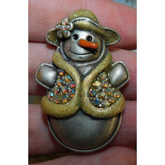 Holiday Snow Woman Brooch Yellow And Silver Tone With Flower Accent