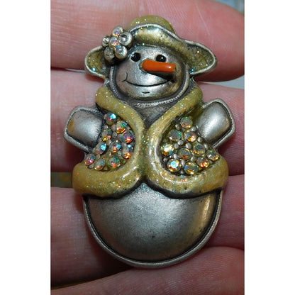 Holiday Snow Woman Brooch Yellow And Silver Tone With Flower Accent