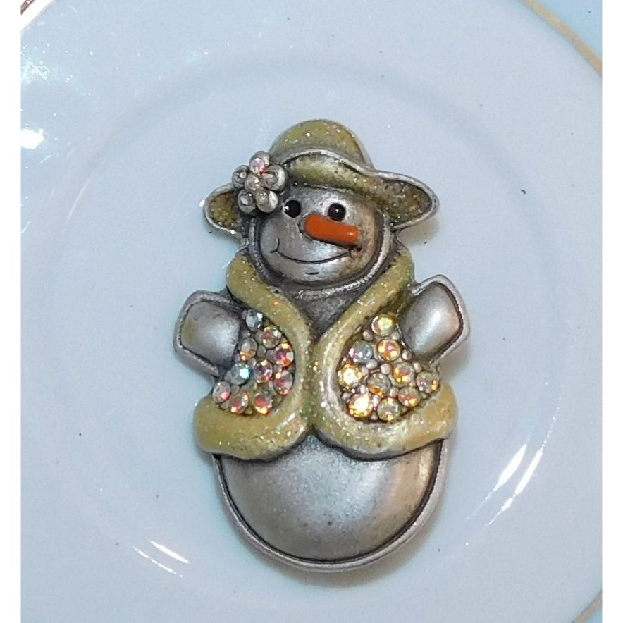 Holiday Snow Woman Brooch Yellow And Silver Tone With Flower Accent