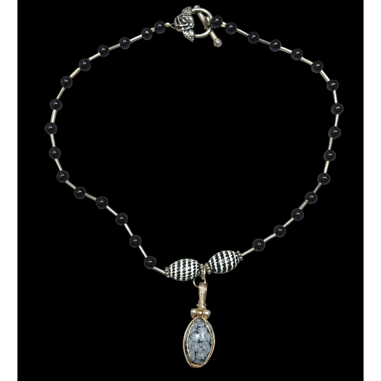 Handmade Snowflake Obsidian Wire Wrapped Pendant Necklace