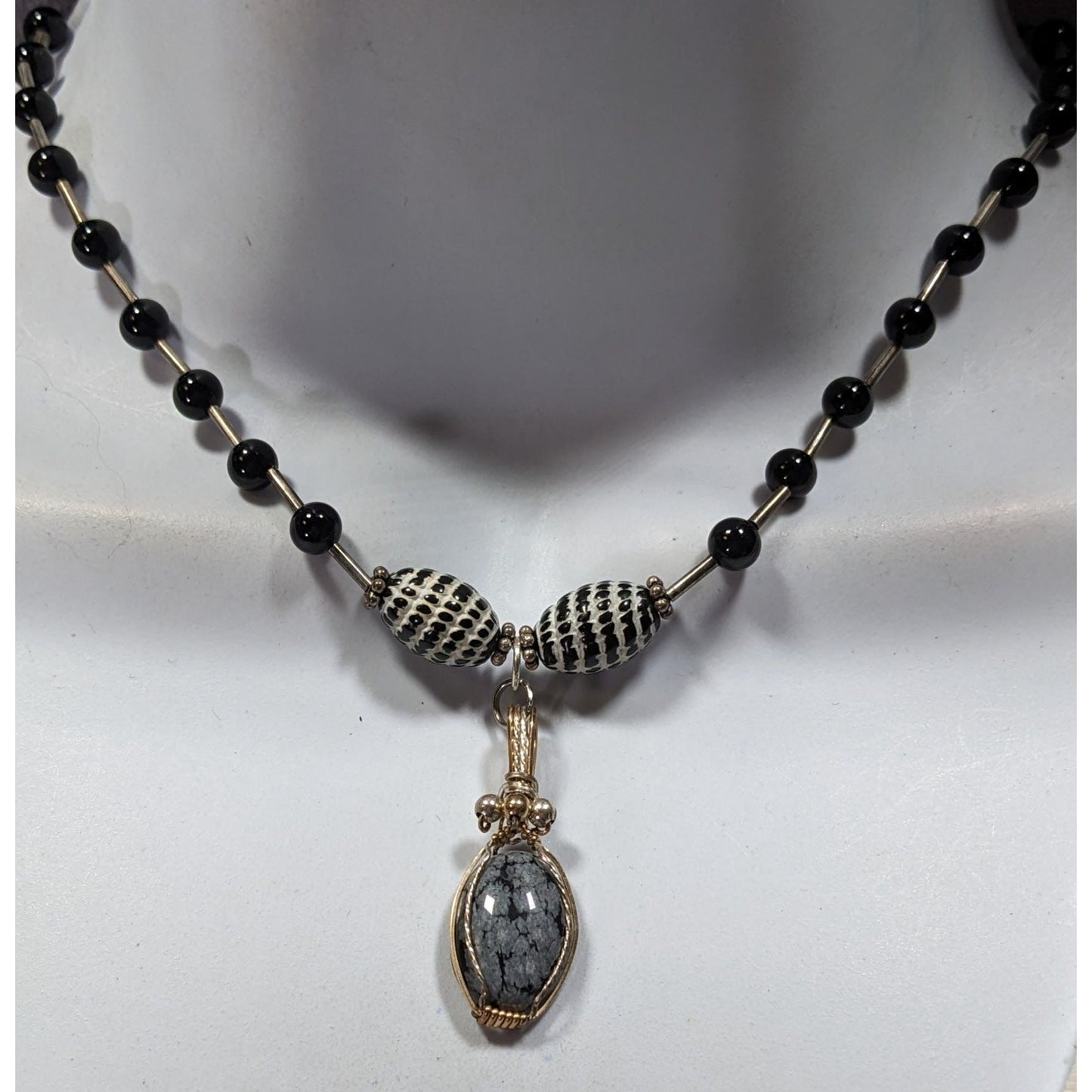 Handmade Snowflake Obsidian Wire Wrapped Pendant Necklace