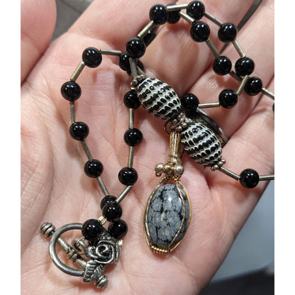 Handmade Snowflake Obsidian Wire Wrapped Pendant Necklace