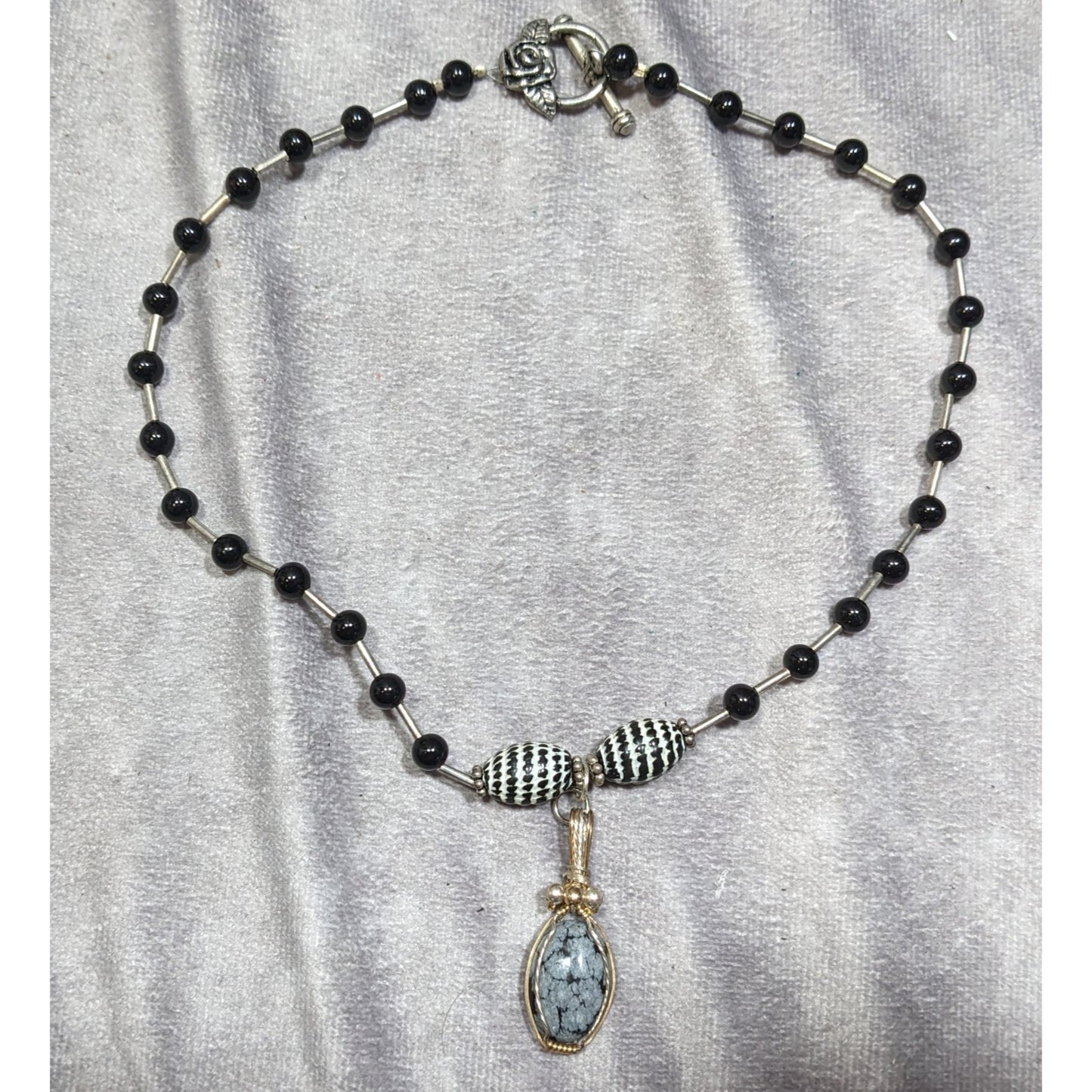 Handmade Snowflake Obsidian Wire Wrapped Pendant Necklace