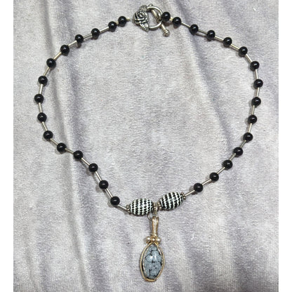 Handmade Snowflake Obsidian Wire Wrapped Pendant Necklace