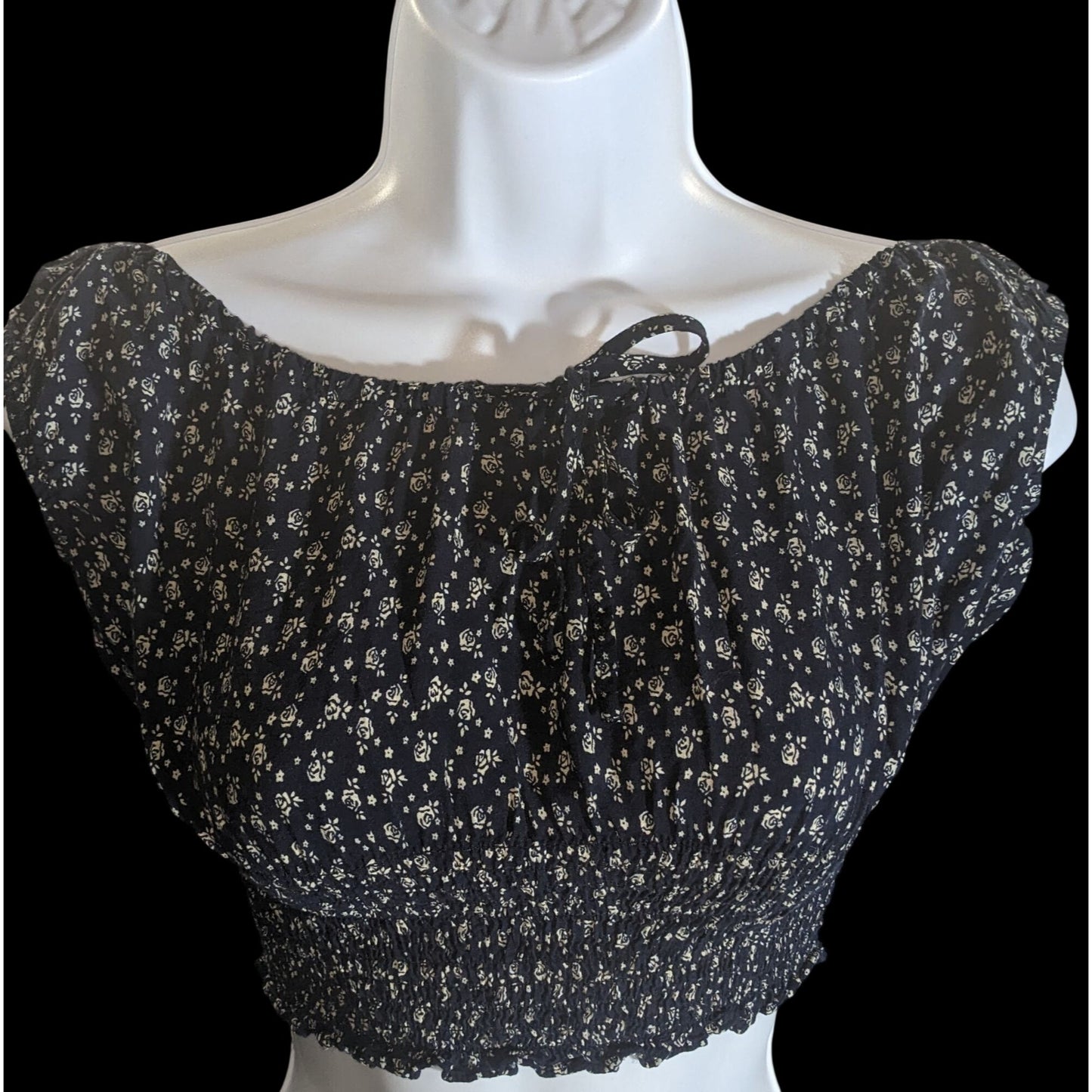 John Galt Floral Smocked Crop Top Navy White Boho Summer