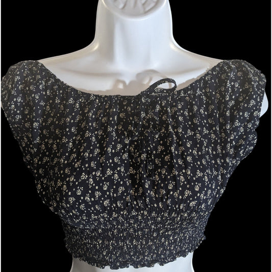 John Galt Floral Smocked Crop Top Navy White Boho Summer