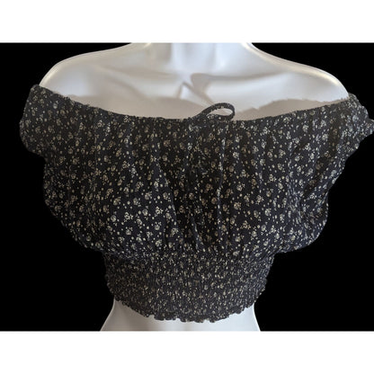 John Galt Floral Smocked Crop Top Navy White Boho Summer