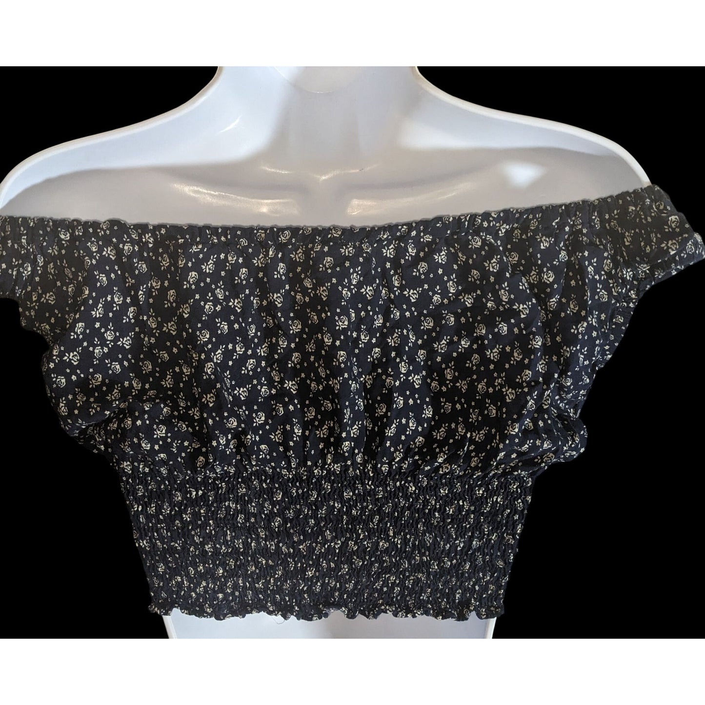John Galt Floral Smocked Crop Top Navy White Boho Summer