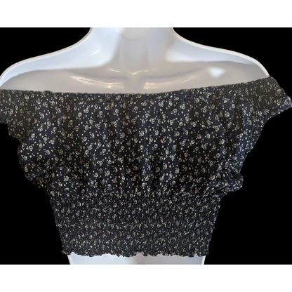 John Galt Floral Smocked Crop Top Navy White Boho Summer