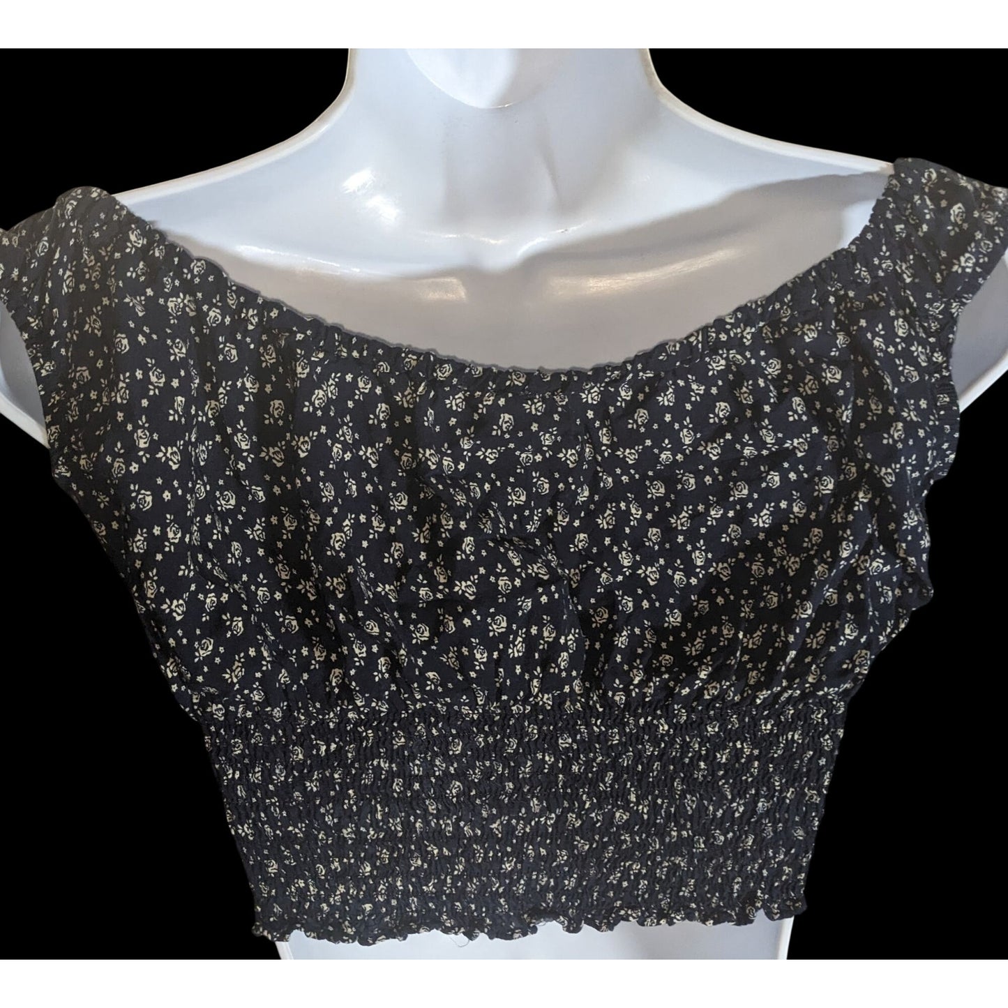 John Galt Floral Smocked Crop Top Navy White Boho Summer