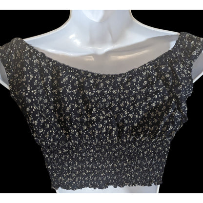 John Galt Floral Smocked Crop Top Navy White Boho Summer