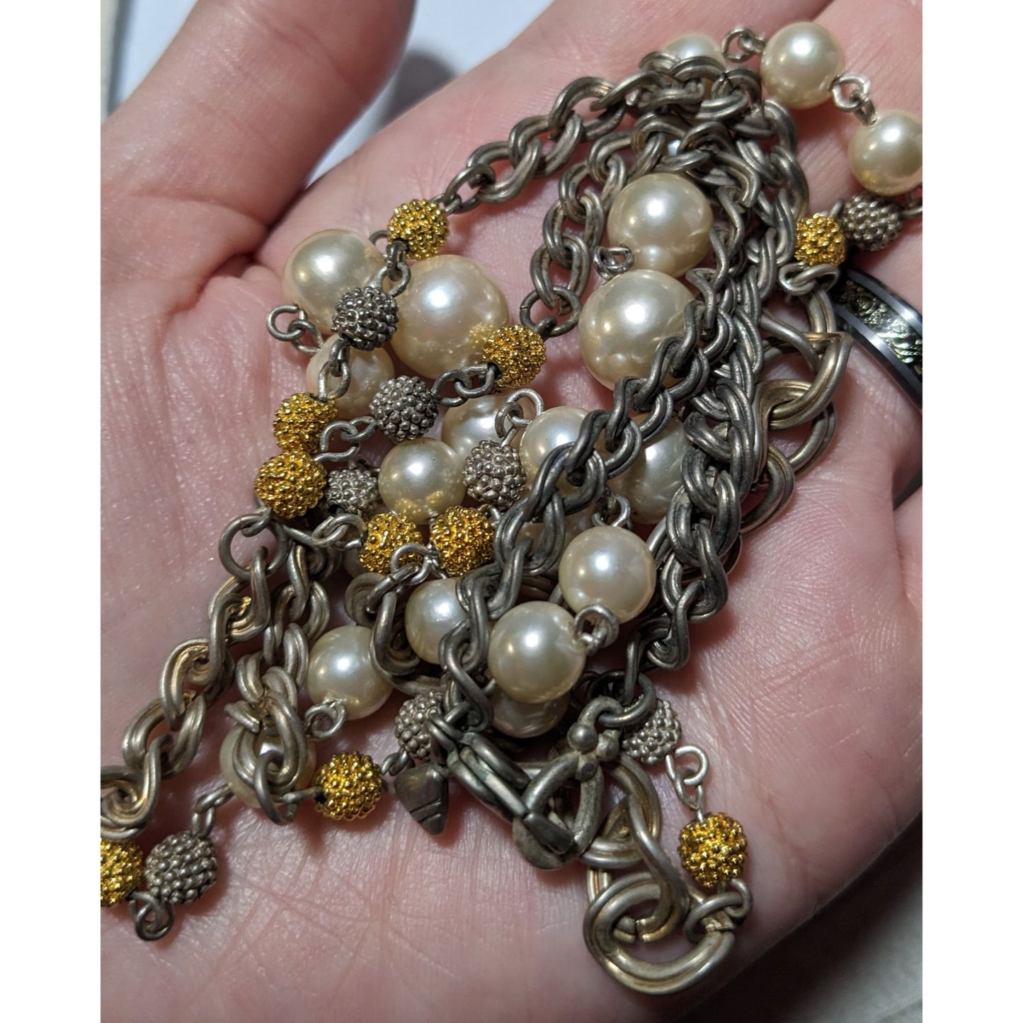 Vintage 80s Liz Claiborne Faux Pearl Multi Tone Metallic Necklace