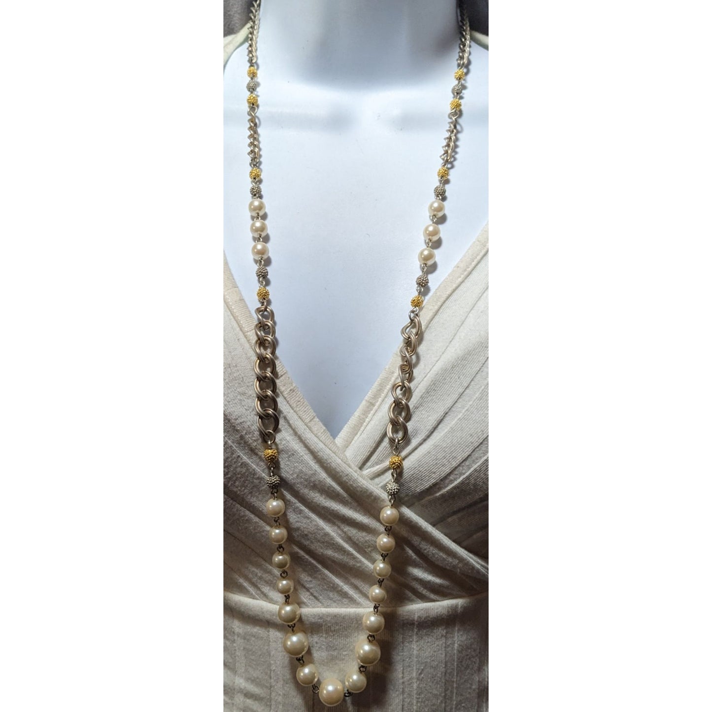 Vintage 80s Liz Claiborne Faux Pearl Multi Tone Metallic Necklace