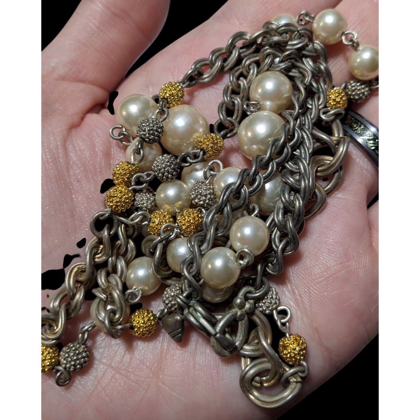 Vintage 80s Liz Claiborne Faux Pearl Multi Tone Metallic Necklace