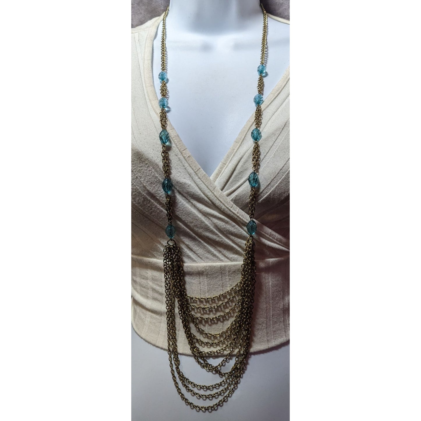 Layered Gold Tone Glam Necklace With Blue Beaded Accents