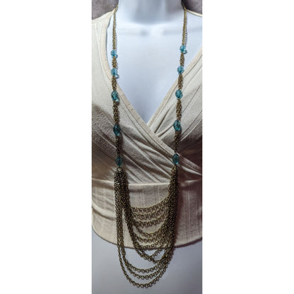 Layered Gold Tone Glam Necklace With Blue Beaded Accents