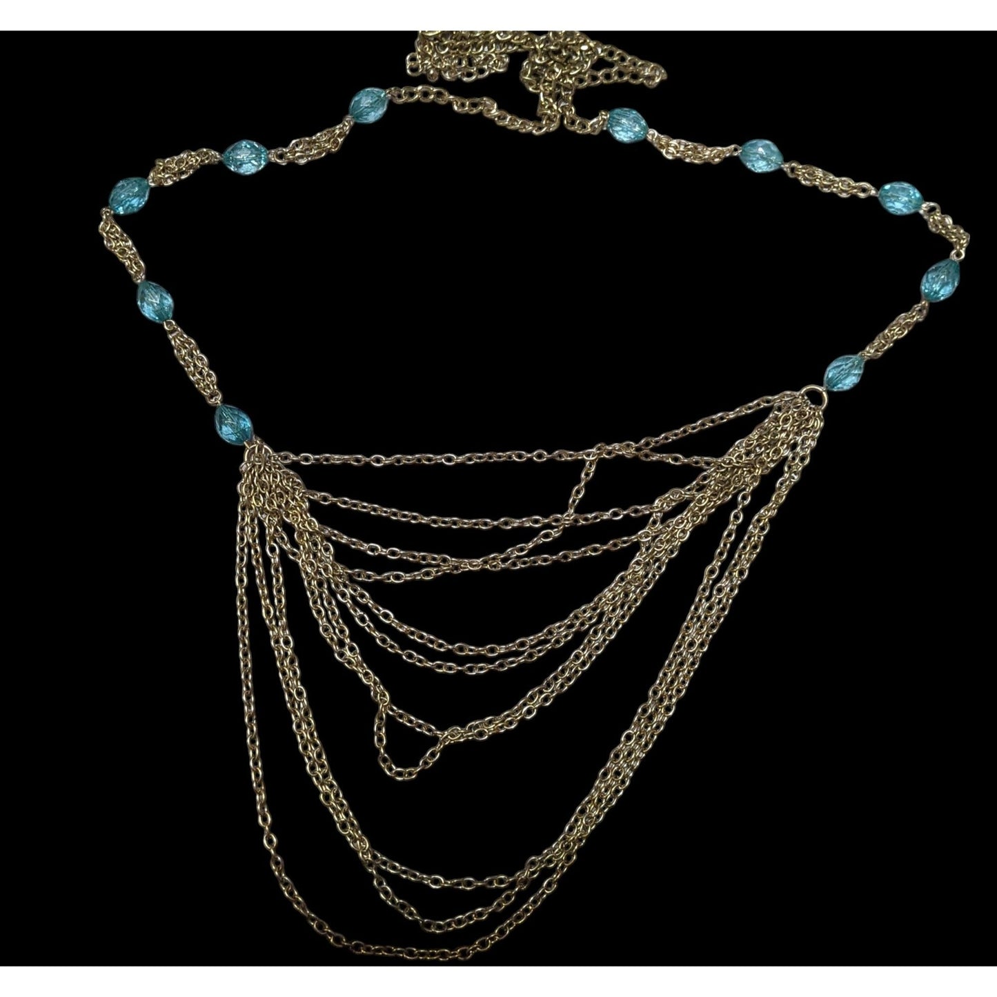 Layered Gold Tone Glam Necklace With Blue Beaded Accents