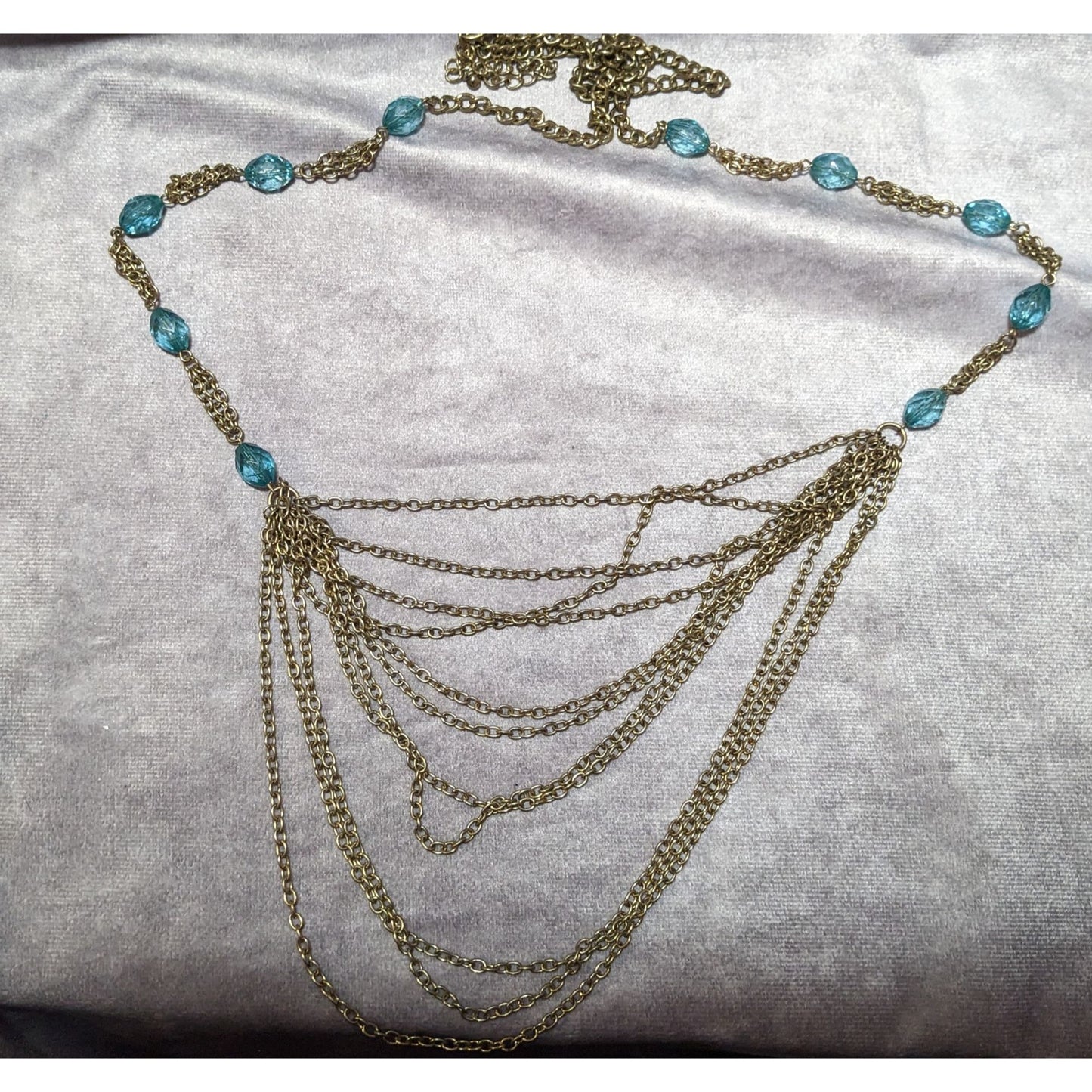 Layered Gold Tone Glam Necklace With Blue Beaded Accents