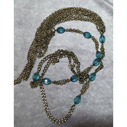 Layered Gold Tone Glam Necklace With Blue Beaded Accents