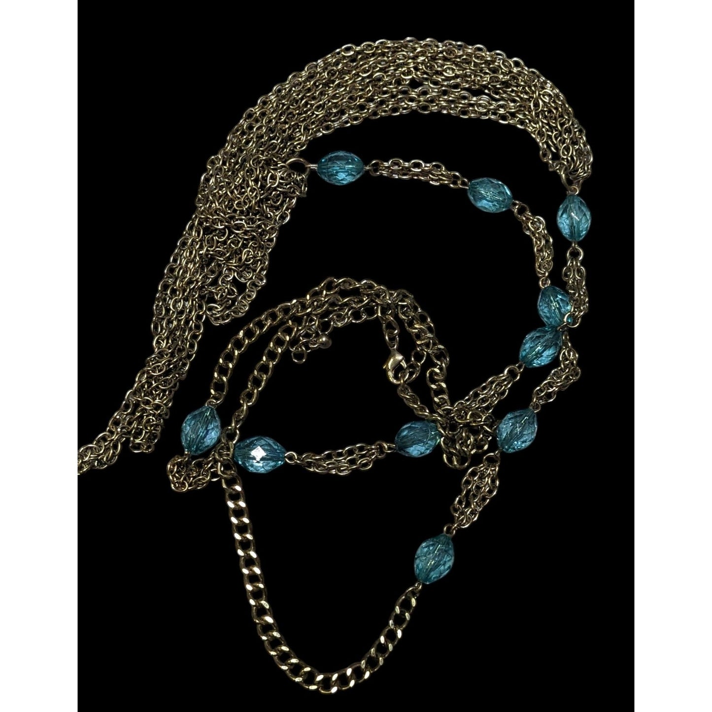 Layered Gold Tone Glam Necklace With Blue Beaded Accents