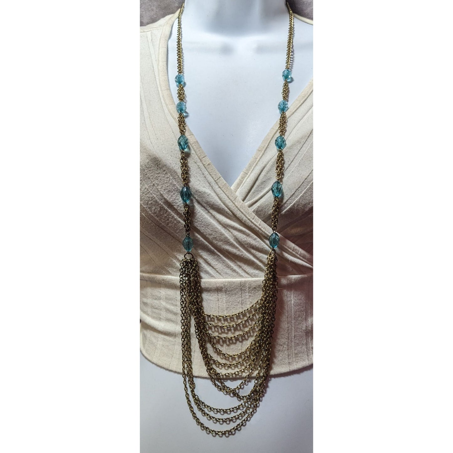 Layered Gold Tone Glam Necklace With Blue Beaded Accents