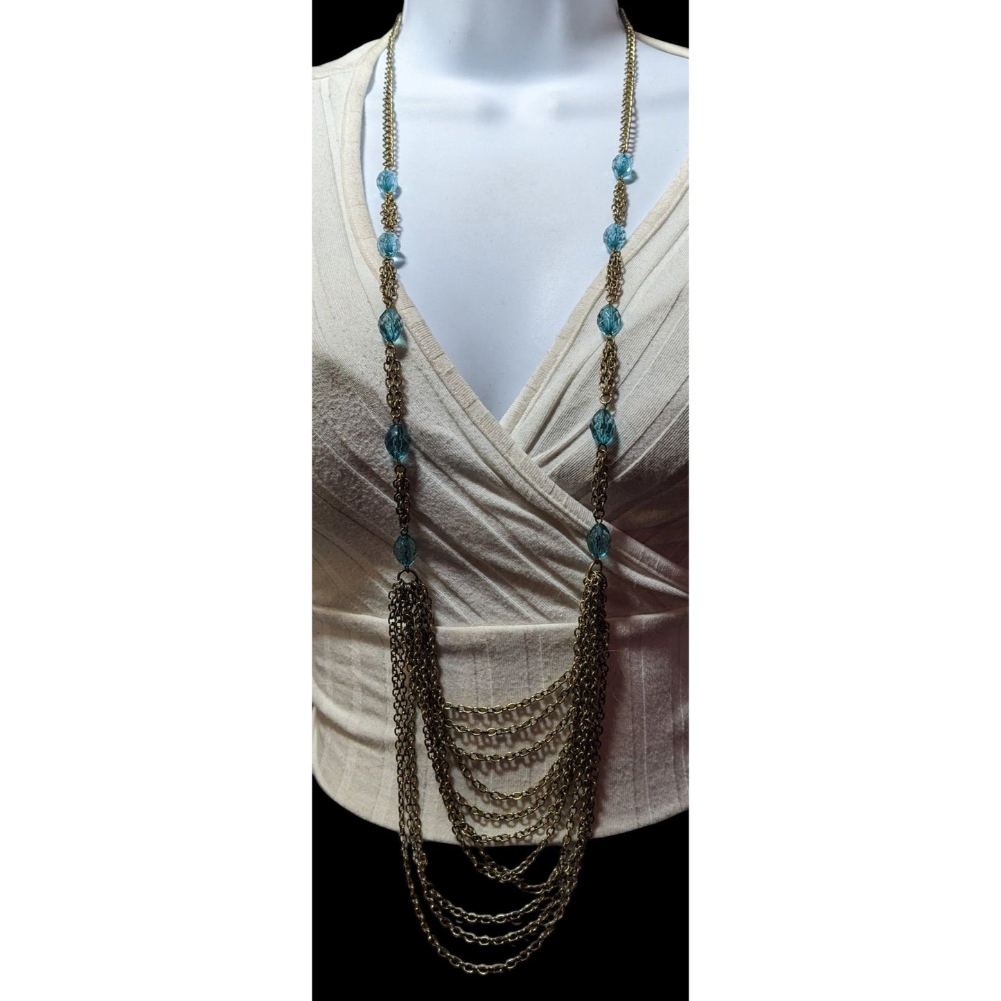 Layered Gold Tone Glam Necklace With Blue Beaded Accents