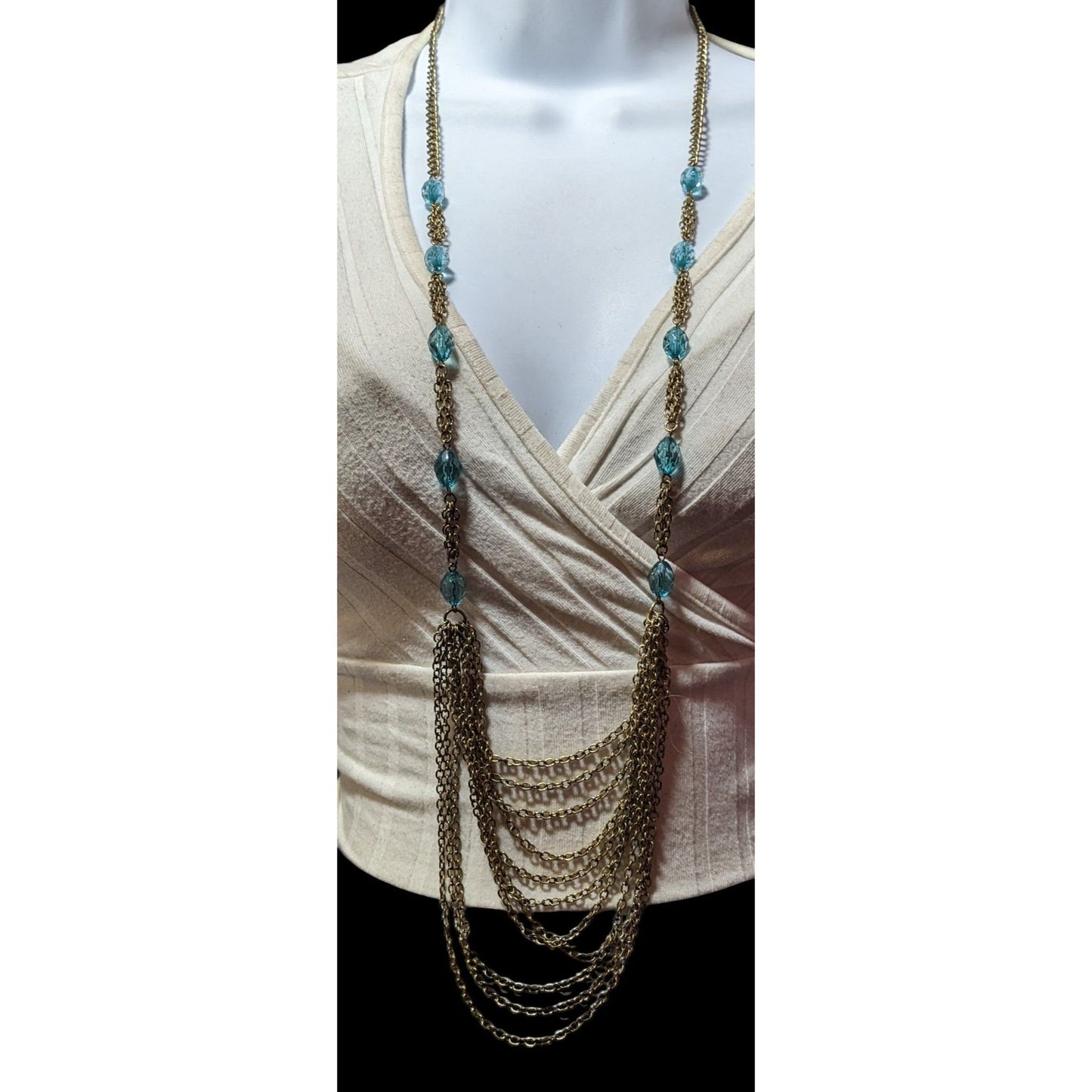 Layered Gold Tone Glam Necklace With Blue Beaded Accents