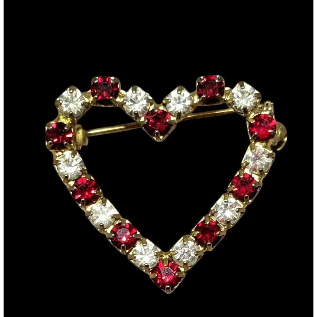 Vintage Romantic Red And Clear Rhinestone Open Heart Brooch