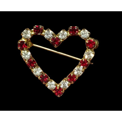 Vintage Romantic Red And Clear Rhinestone Open Heart Brooch