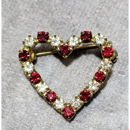 Vintage Romantic Red And Clear Rhinestone Open Heart Brooch