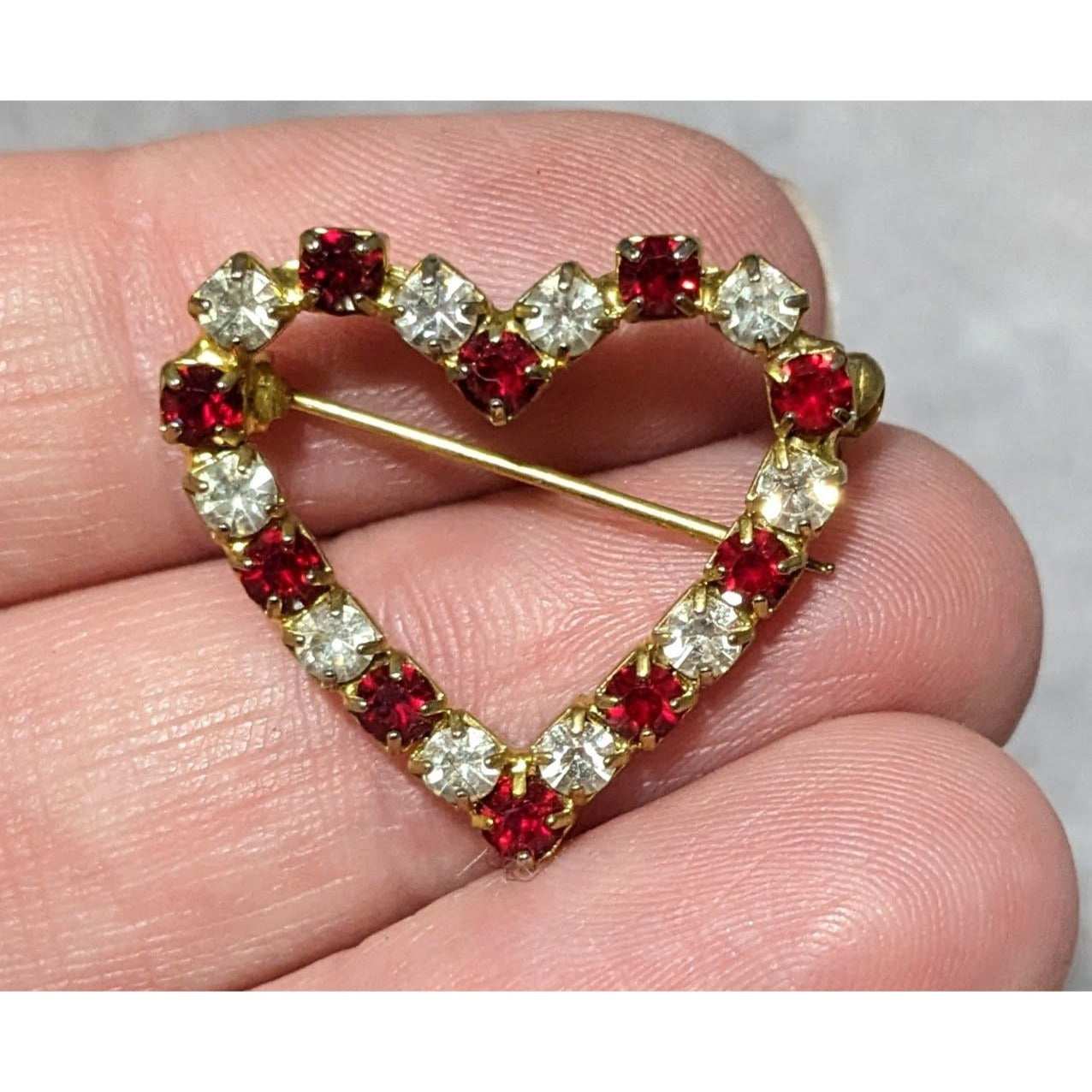 Vintage Romantic Red And Clear Rhinestone Open Heart Brooch