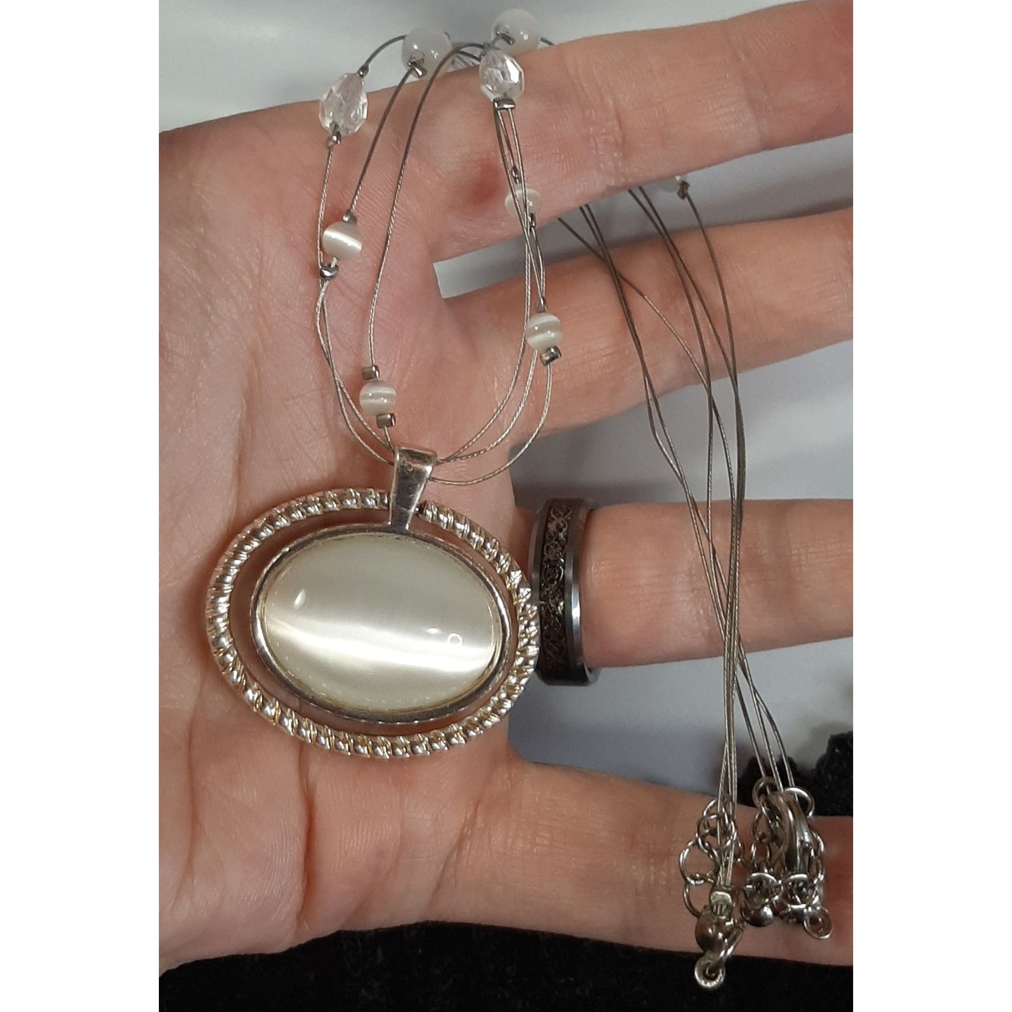 Bridal Mermaidcore White Cateye Glass Necklace With Multi Beaded Strands