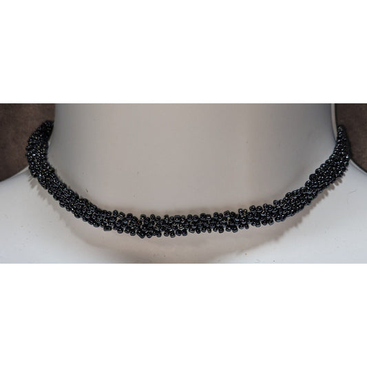 Handmade Gothic Black Glass Seed Bead Woven Choker Necklace Dark Glam Jewelry