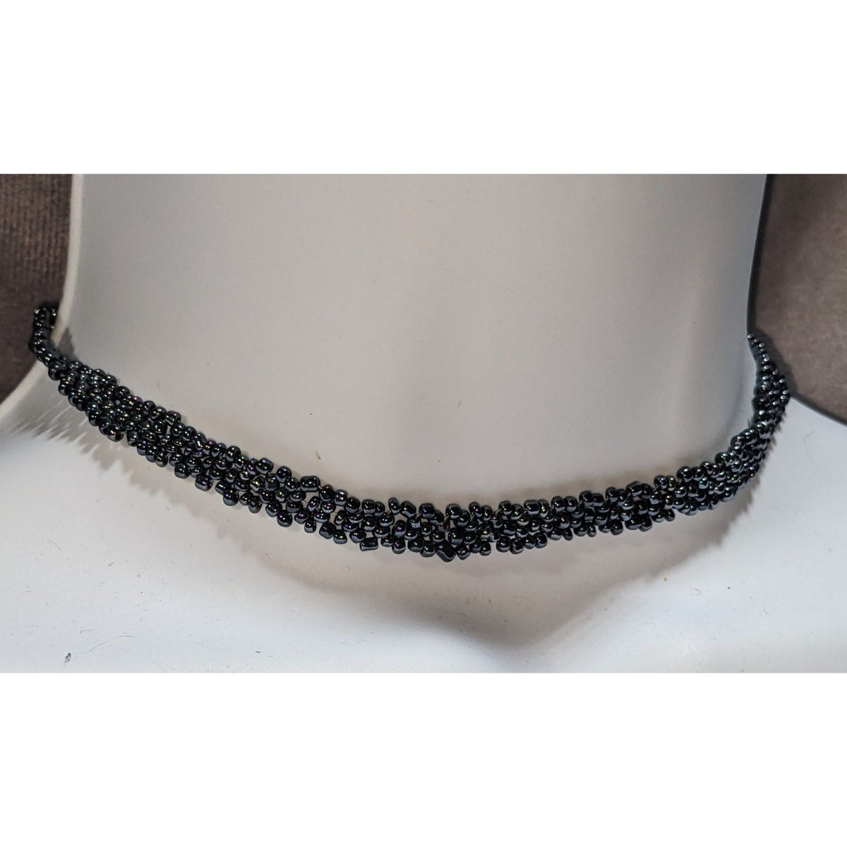Handmade Gothic Black Glass Seed Bead Woven Choker Necklace Dark Glam Jewelry