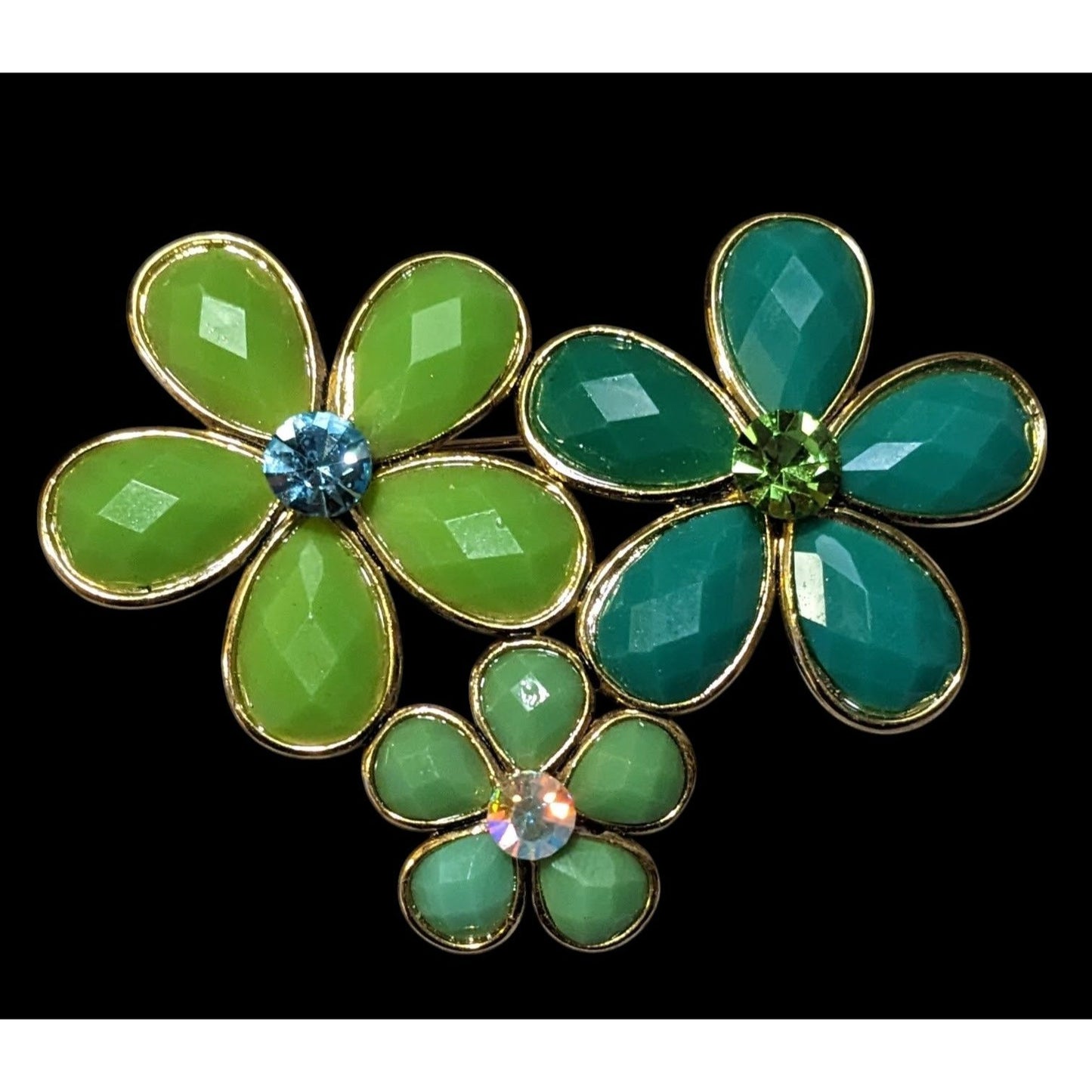 Vintage Triple Flower Green Gemmed Brooch