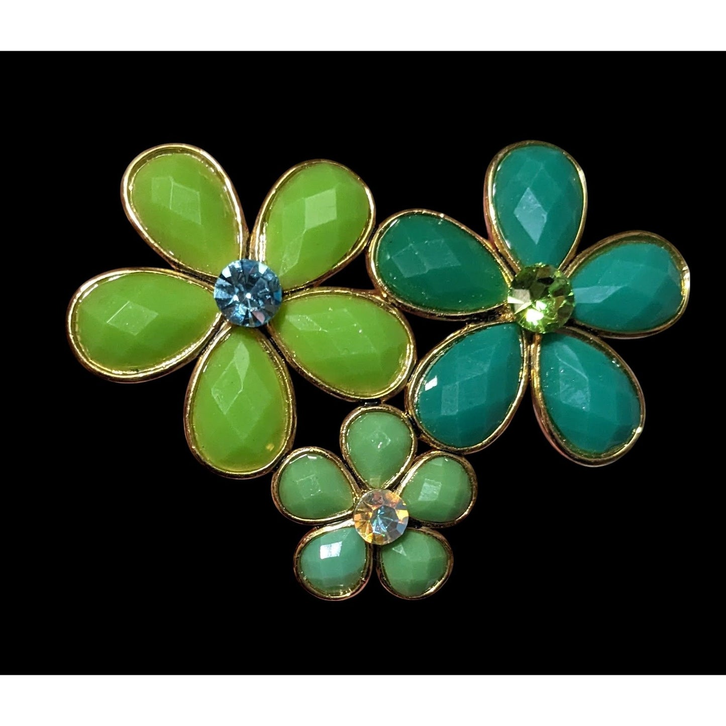 Vintage Triple Flower Green Gemmed Brooch