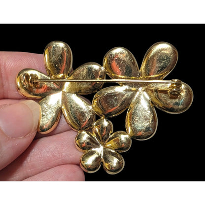 Vintage Triple Flower Green Gemmed Brooch