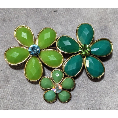 Vintage Triple Flower Green Gemmed Brooch