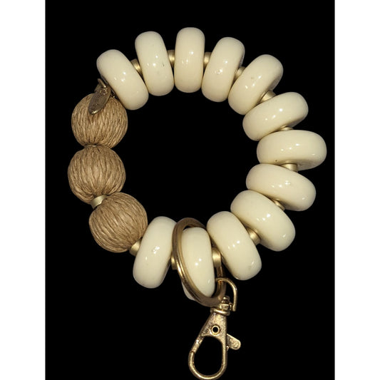 Plunder Jewelry Bracelet/Keychain Stretchy Cream Beads & Natural Rope