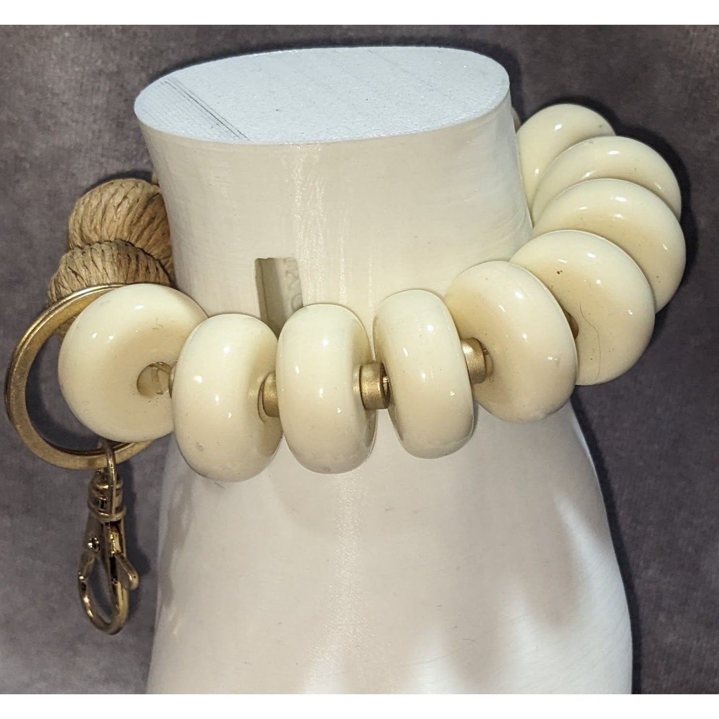 Plunder Jewelry Bracelet/Keychain Stretchy Cream Beads & Natural Rope
