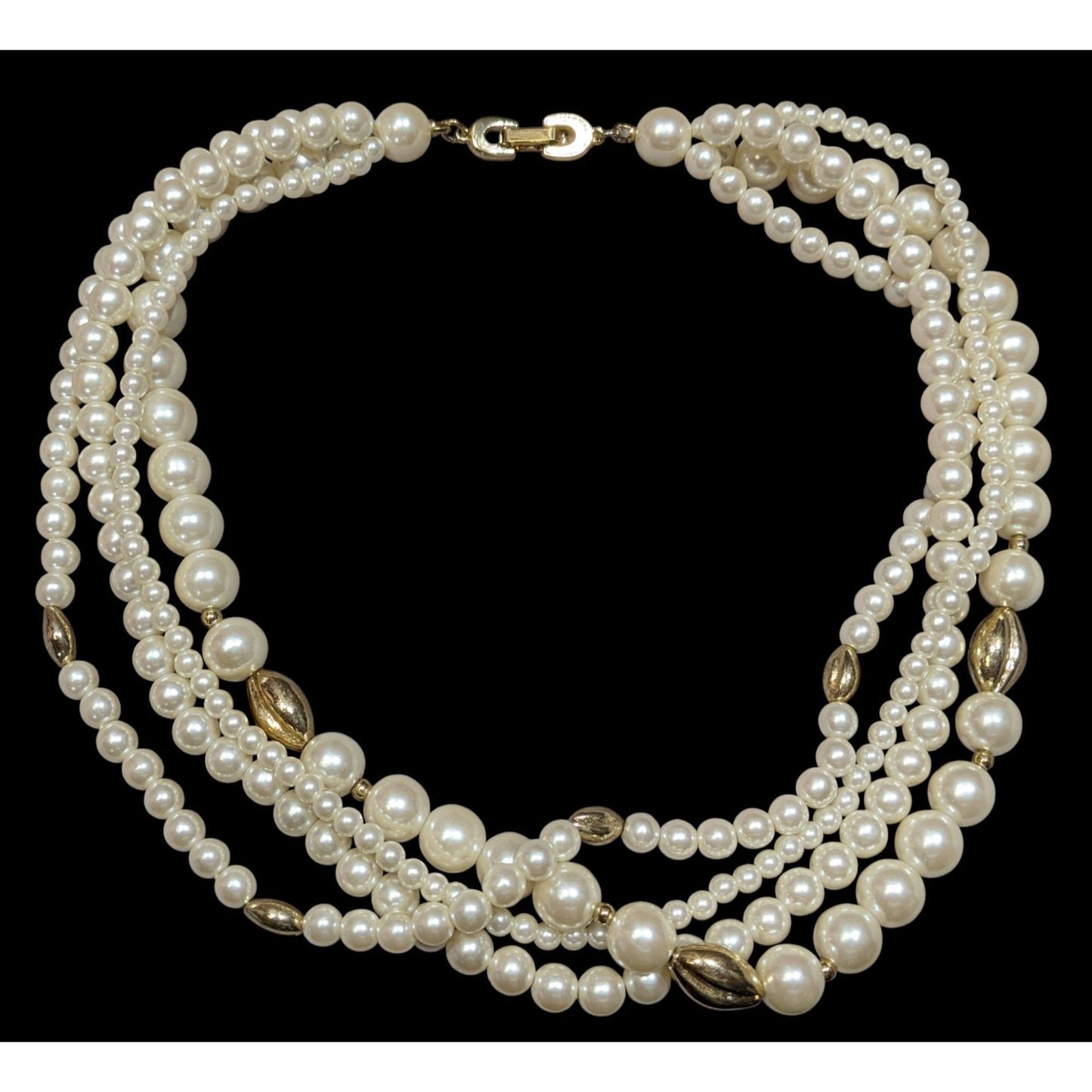 Vintage Multistrand Faux Pearl Necklace With Gold Tone Accents