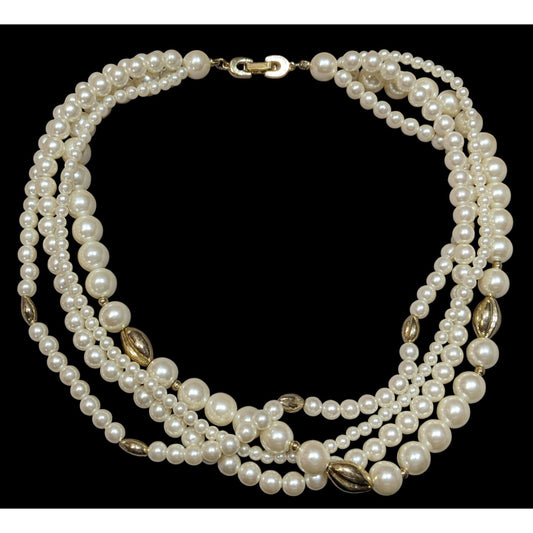 Vintage Multistrand Faux Pearl Necklace With Gold Tone Accents