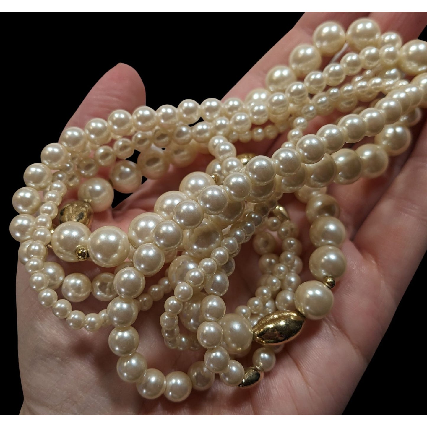 Vintage Multistrand Faux Pearl Necklace With Gold Tone Accents